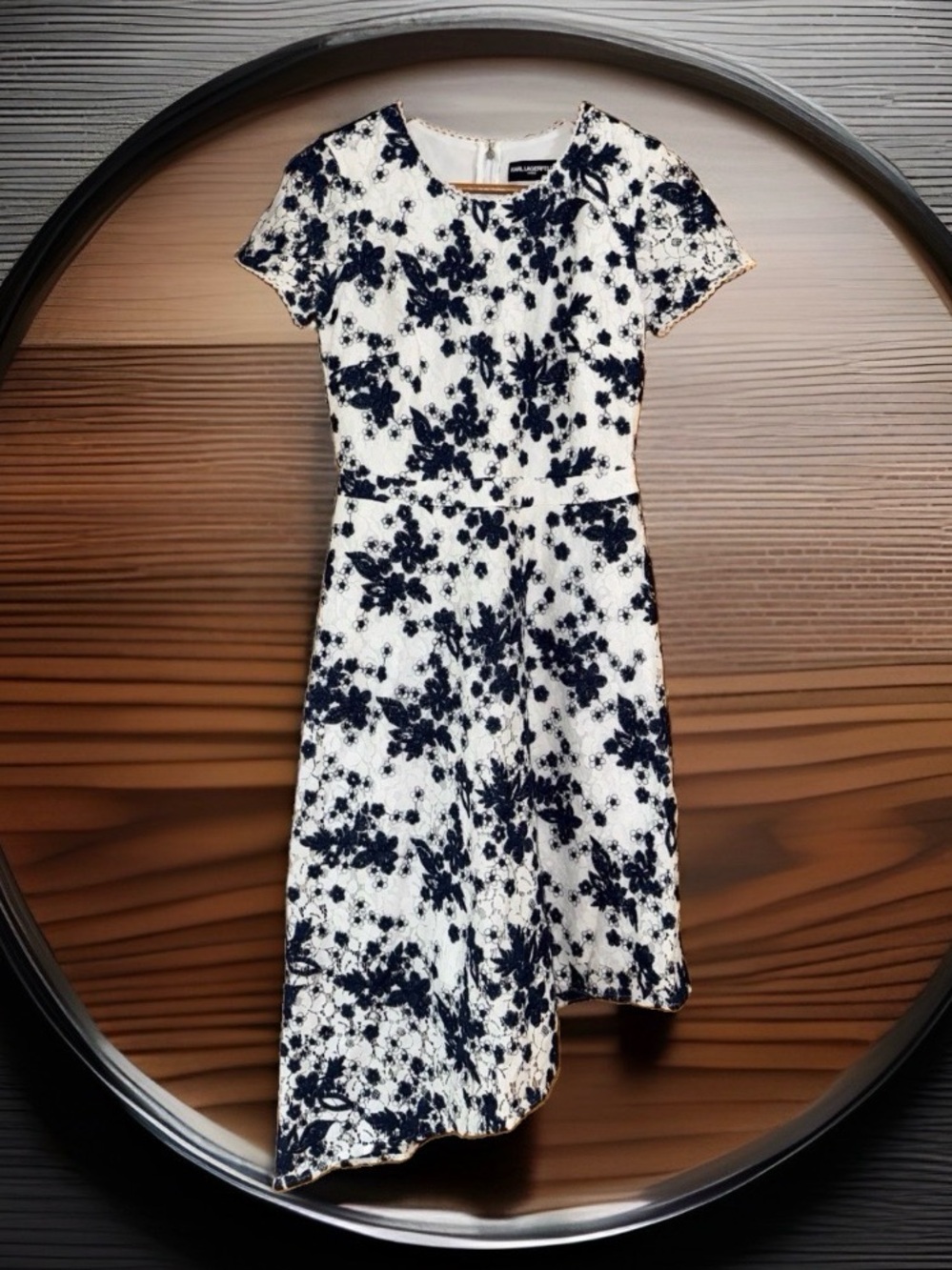 Karl Lagerfeld Navy and White Floral Lace Asymmetrical Fit-and-Flare Dress-2-EC